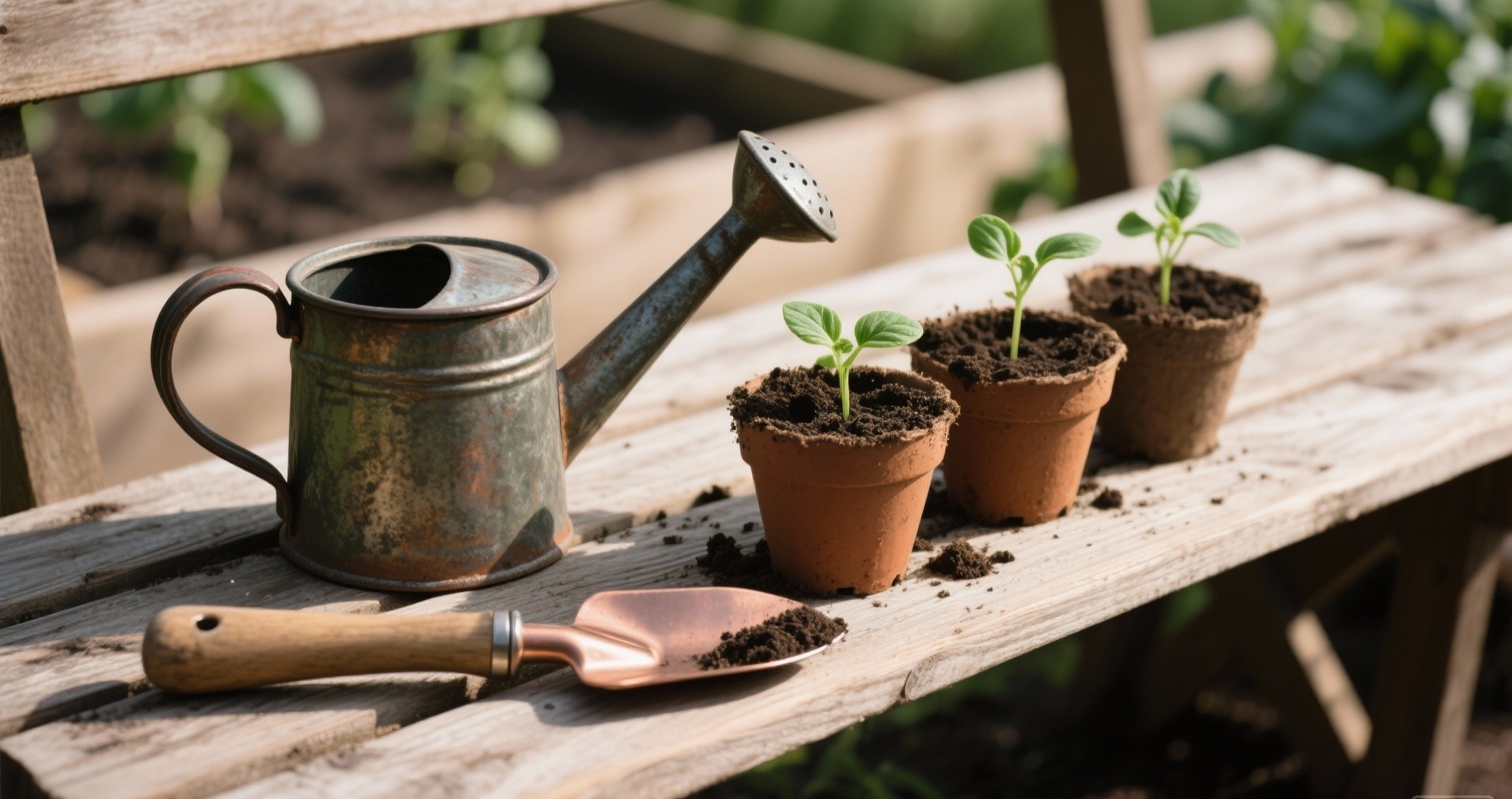 Tools and seedlings on an allotment